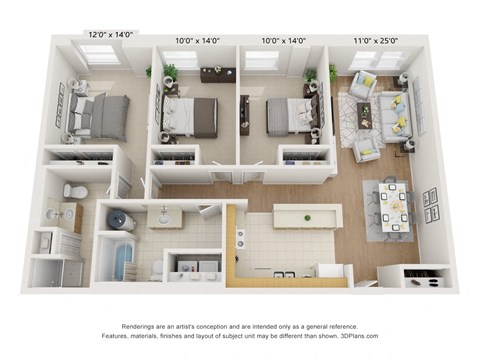 Floor plan for 3 beds, 2 baths, 1194 sqft